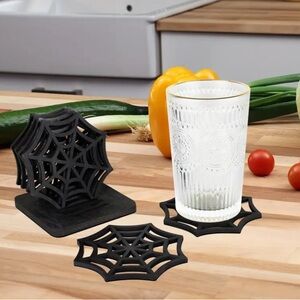 {NEW} Set of 6 Spider Wed Coasters Wooden Cup Coasters Black